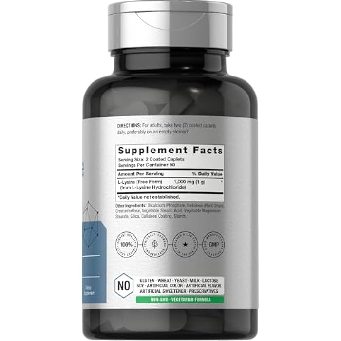 Horbäach L-Lysine 1000mg | 100 Coated Caplets | Free Form Dietary Supplement | Essential Amino Acid | Vegetarian, Non-GMO, and Gluten Free Formula - Image 2