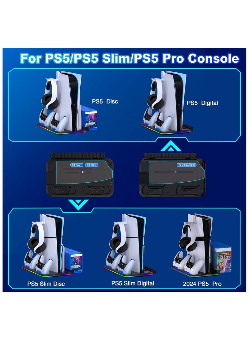 PS5/Slim/Pro Stand and Cooling Station for PlayStation 5 Consoles, PS5/Pro/Slim Accessories with 3-Level Cooler Fan, PS5 Controller Charger, Cooling Satnd, Headset Holder, 15 Game Slots, Black - Image 3