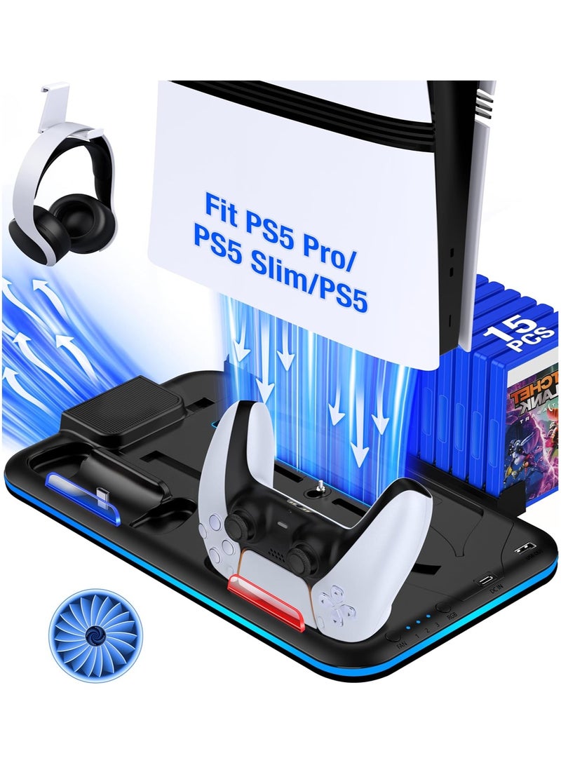 PS5/Slim/Pro Stand and Cooling Station for PlayStation 5 Consoles, PS5/Pro/Slim Accessories with 3-Level Cooler Fan, PS5 Controller Charger, Cooling Satnd, Headset Holder, 15 Game Slots, Black - Image 1