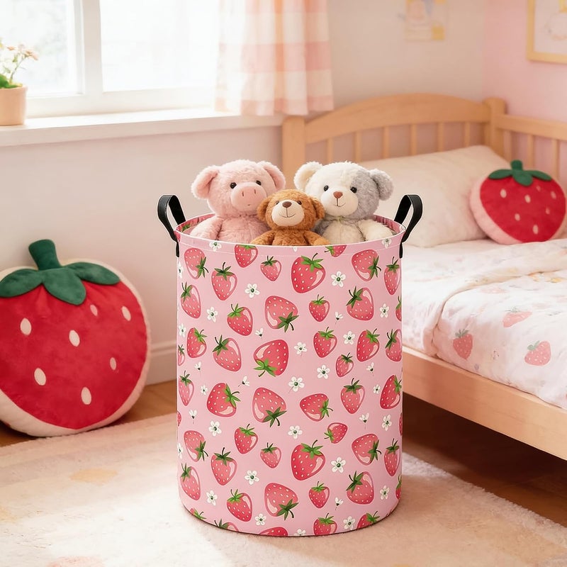 FANKANG Storage Basket, Nursery Hamper Canvas Laundry Basket Foldable with Waterproof PE Coating Large Storage Baskets for Kids Boys and Girls, Office, Bedroom, Clothes,Toys(strawberry) - Image 3