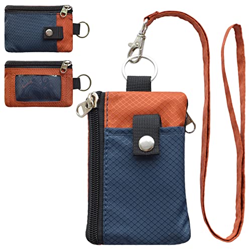 CHENSPRX Minimalist RFID Blocking Small Wallet with ID Window,WaterResistant Zip Id Case Wallet with Lanyard Keychain for Cards,Cash,Travel,Women,Men (Navy+Sedona) - Image 1