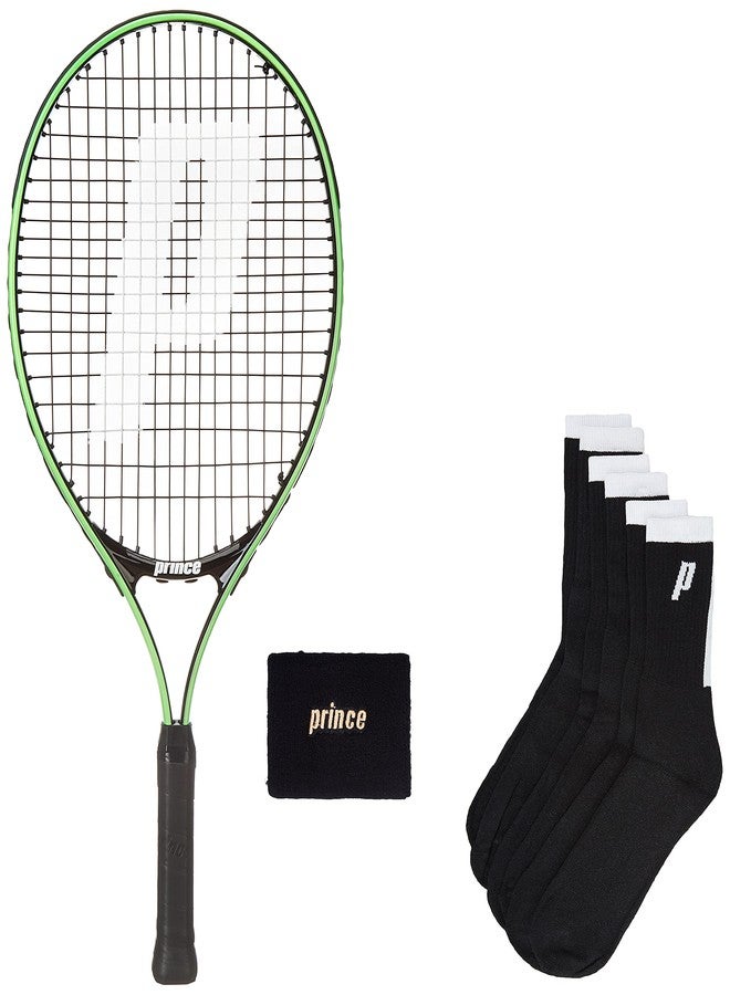 برنس مضرب تنس برينس تور 23 من الألومنيوم مع 12 كرة تنس برتقالية من المرحلة الثانية، وجوارب سوداء، وسوار معصم أسود/ذهبي - Image 1