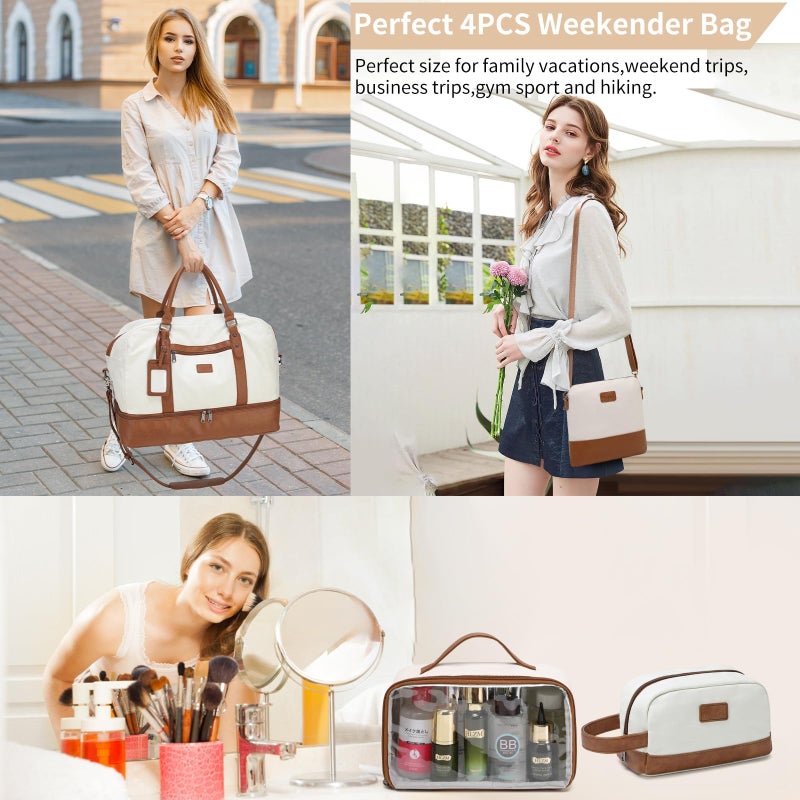 Wogarl 4PCS Weekender Bags for Women Large Overnight Weekend Travel Duffel Carry on Shoulder with Shoe Compartment Canvas Toiletry Bag for Travel Business Gym,Beige - Image 2