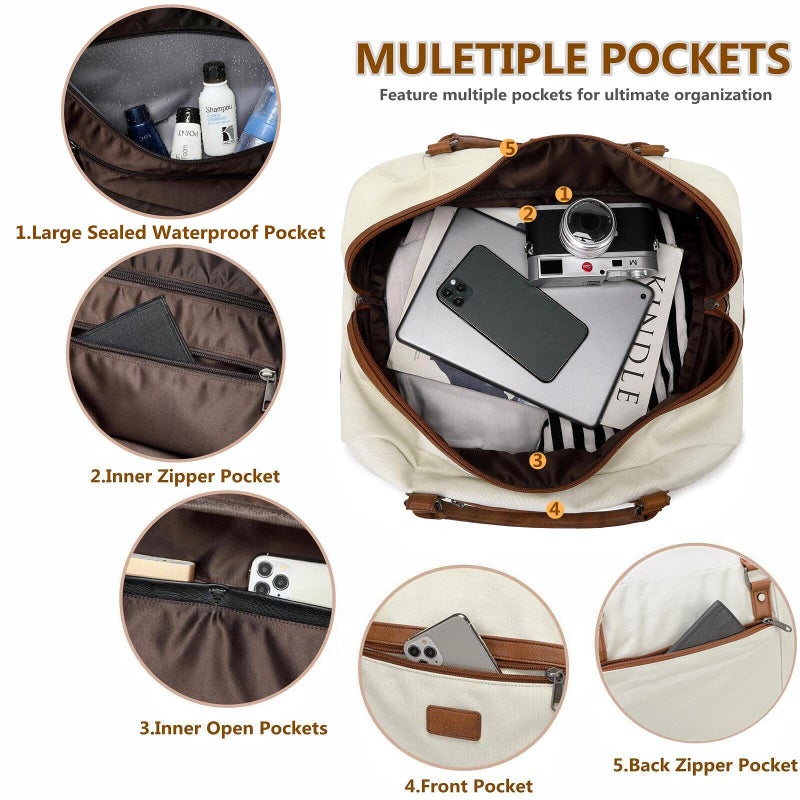 Wogarl 4PCS Weekender Bags for Women Large Overnight Weekend Travel Duffel Carry on Shoulder with Shoe Compartment Canvas Toiletry Bag for Travel Business Gym,Beige - Image 4
