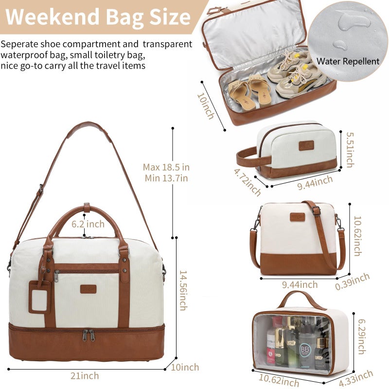 Wogarl 4PCS Weekender Bags for Women Large Overnight Weekend Travel Duffel Carry on Shoulder with Shoe Compartment Canvas Toiletry Bag for Travel Business Gym,Beige - Image 3