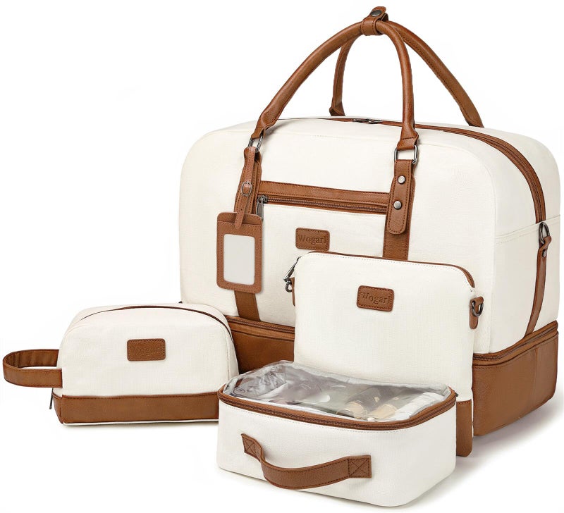Wogarl 4PCS Weekender Bags for Women Large Overnight Weekend Travel Duffel Carry on Shoulder with Shoe Compartment Canvas Toiletry Bag for Travel Business Gym,Beige - Image 1