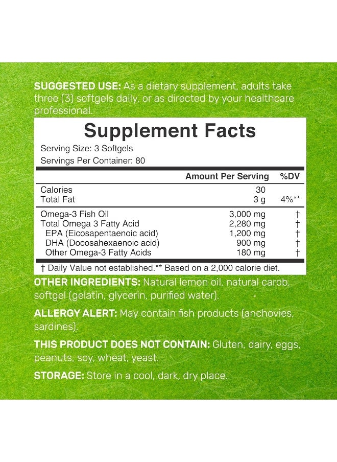 DEAL SUPPLEMENT Omega 3 Fish Oil Supplements, 3,000Mg Per Serving, 240 Softgels – Epa 1,200Mg + Dha 900Mg – Burpless Pills, Lemon Flavored, Wild Caught – Brain & Heart Support – Mercury Free, Non-Gmo  - Image 2