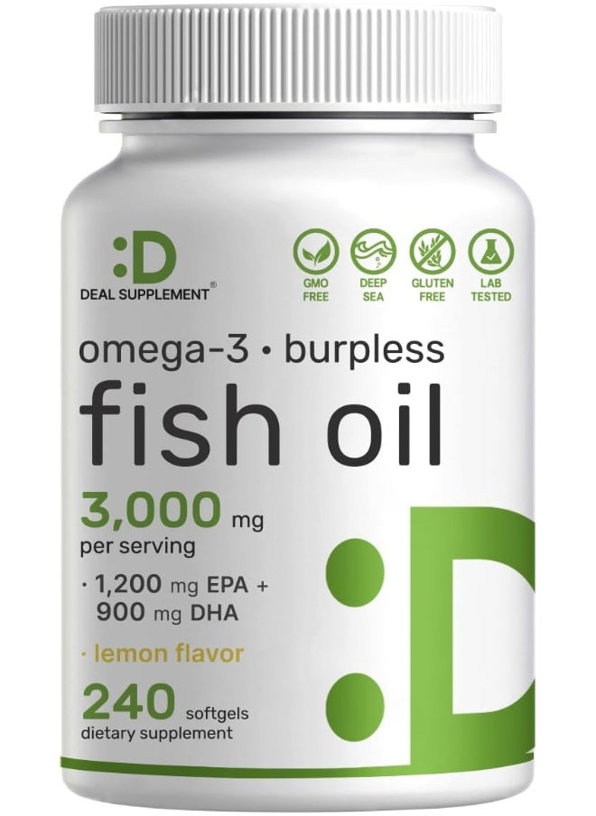 DEAL SUPPLEMENT Omega 3 Fish Oil Supplements, 3,000Mg Per Serving, 240 Softgels – Epa 1,200Mg + Dha 900Mg – Burpless Pills, Lemon Flavored, Wild Caught – Brain & Heart Support – Mercury Free, Non-Gmo  - Image 1