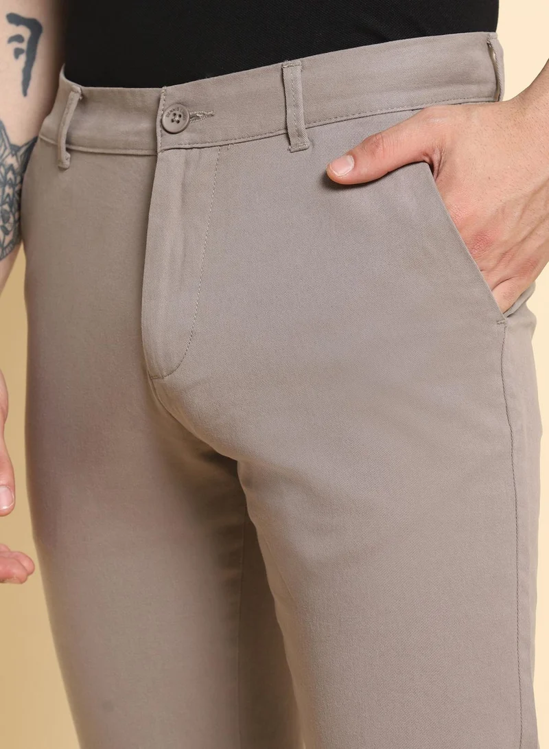 Dennis Lingo Men's Light Grey 100% Cotton Solid Pattern Full Length Slim Fit Trouser