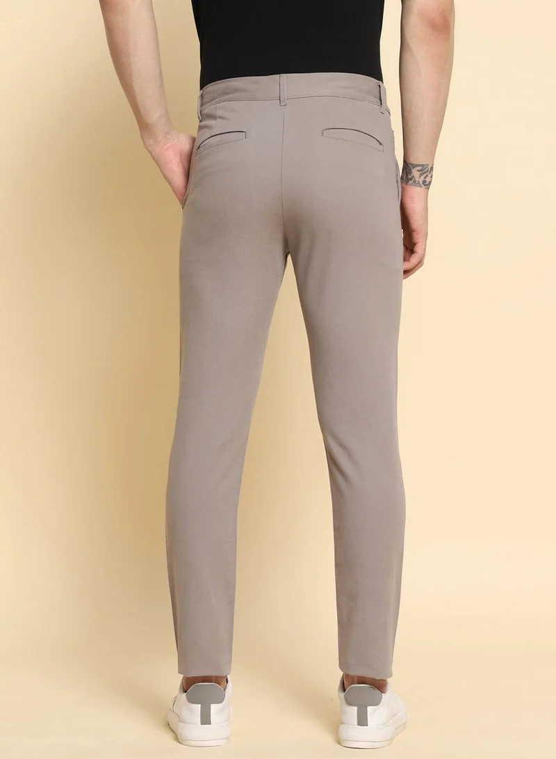 Dennis Lingo Men's Light Grey 100% Cotton Solid Pattern Full Length Slim Fit Trouser
