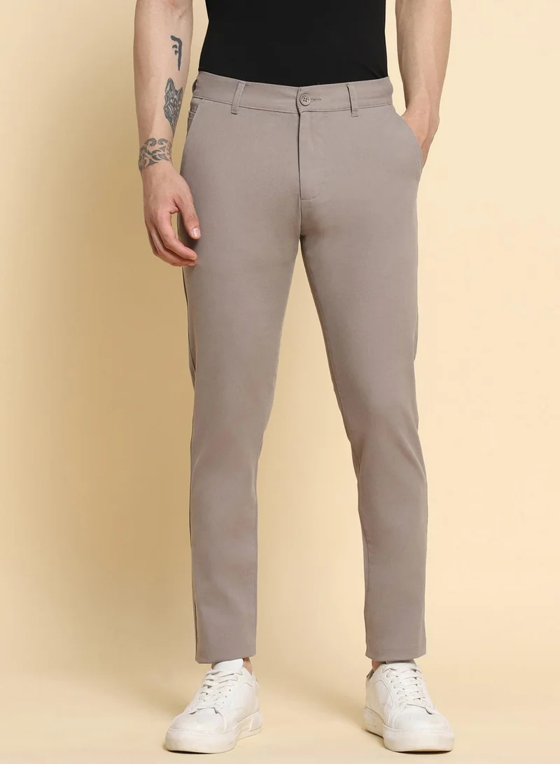 Dennis Lingo Men's Light Grey 100% Cotton Solid Pattern Full Length Slim Fit Trouser