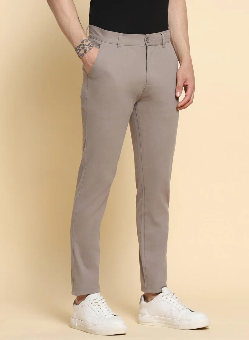 Dennis Lingo Men's Light Grey 100% Cotton Solid Pattern Full Length Slim Fit Trouser