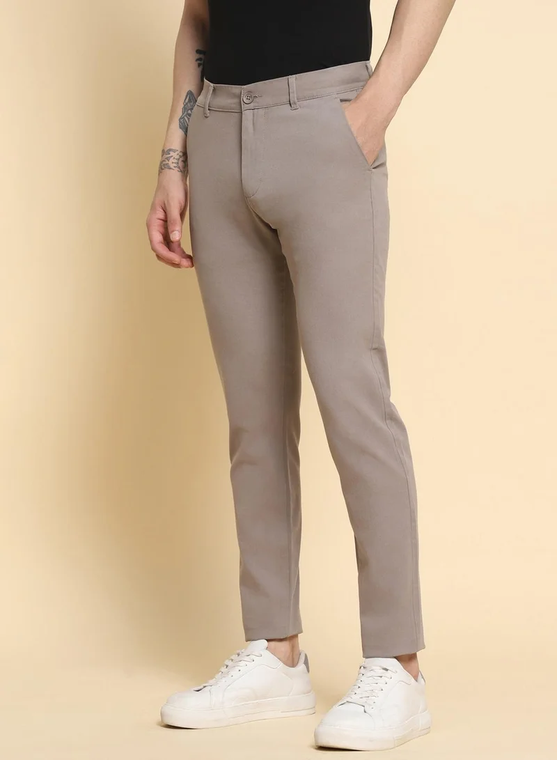 Dennis Lingo Men's Light Grey 100% Cotton Solid Pattern Full Length Slim Fit Trouser
