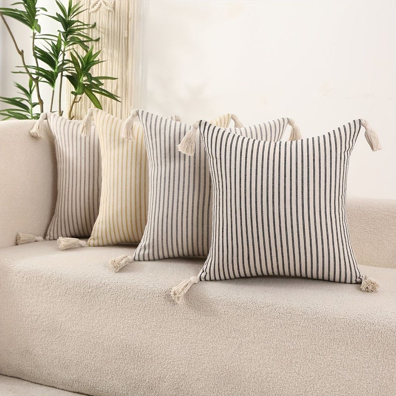 Beige Striped Jacquard Decorative Pillow Covers Set Of 2 With Tassel 18x18 Inch - Image 1
