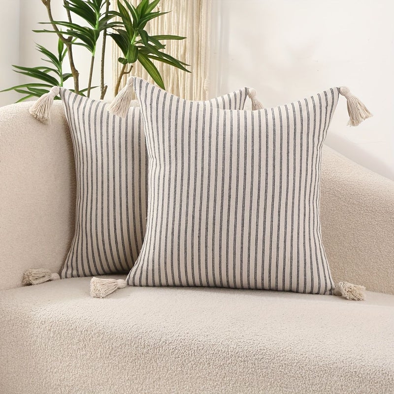 Beige Striped Jacquard Decorative Pillow Covers Set Of 2 With Tassel 18x18 Inch - Image 2