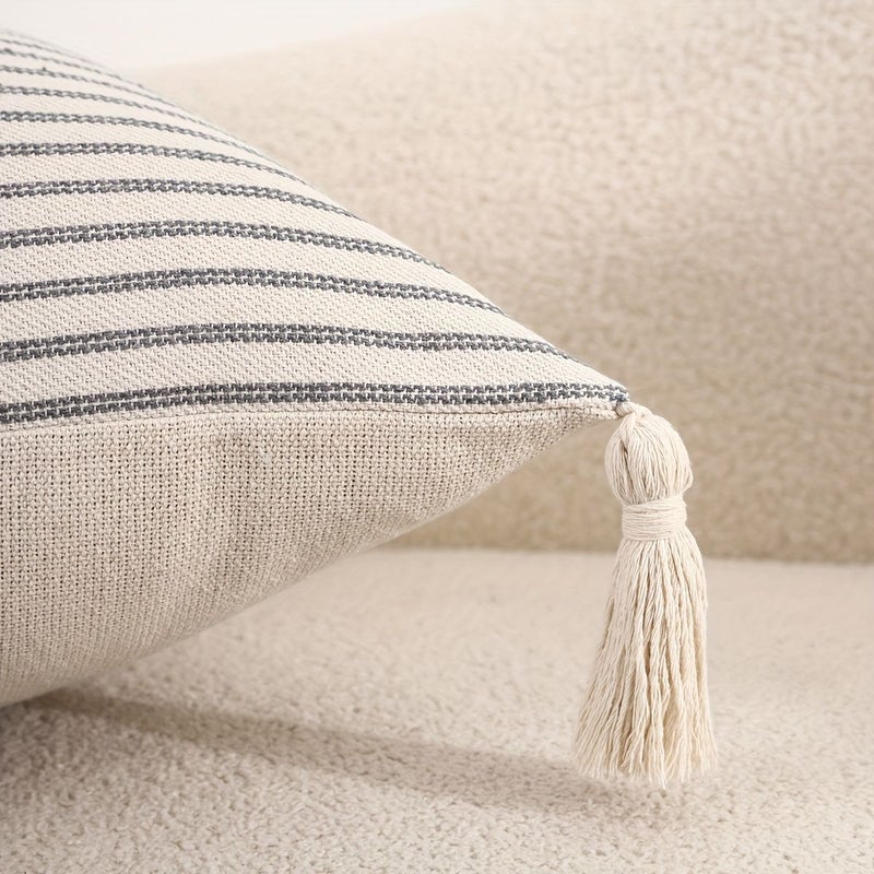 Beige Striped Jacquard Decorative Pillow Covers Set Of 2 With Tassel 18x18 Inch - Image 4
