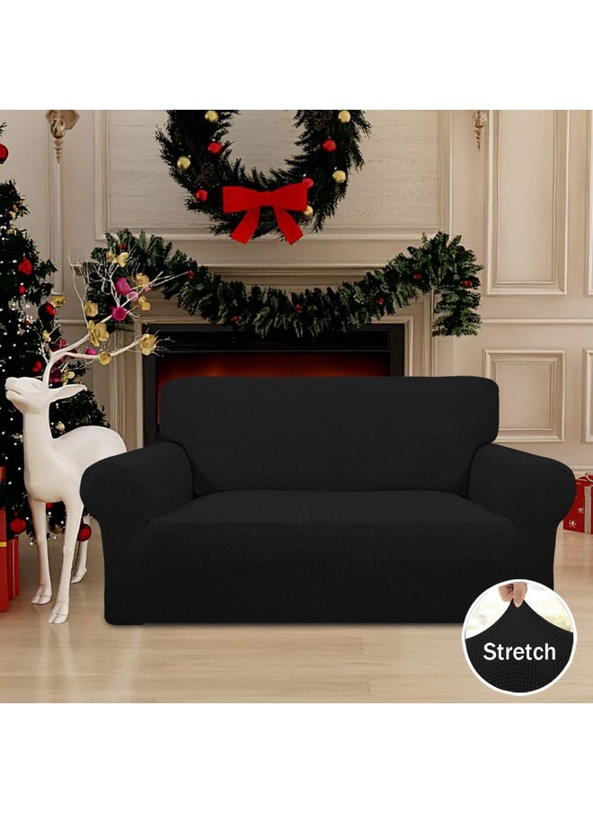 Easy-Going Easy-Going Stretch Loveseat Slipcover 1-Piece Sofa Cover Furniture Protector Couch Soft with Elastic Bottom for Kids Polyester Spandex Jacquard Fabric Small Checks (Loveseat, Black)  - Image 1