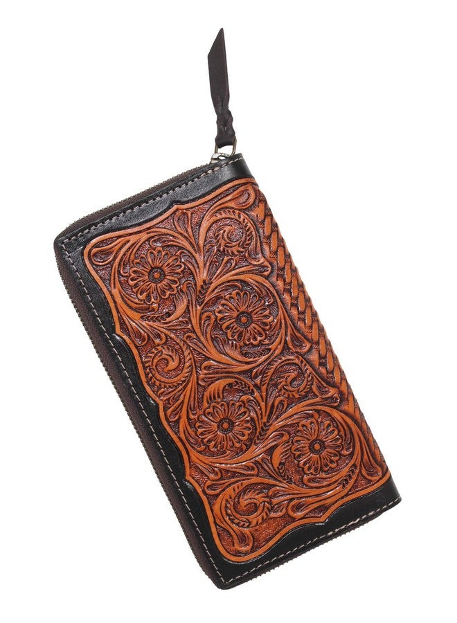 Women'S Western Floral Tooled 100% Full Grain Leather Clutch Wallet Tan 27Fk04
