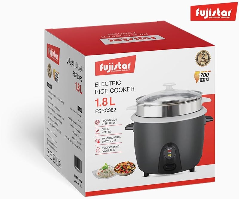 Fujistar Electric Rice Cooker FSRC382, 1.8L Capacity, 700W, Food-Grade Steel Body with Steamer, Cook and Warm Functions - Image 4