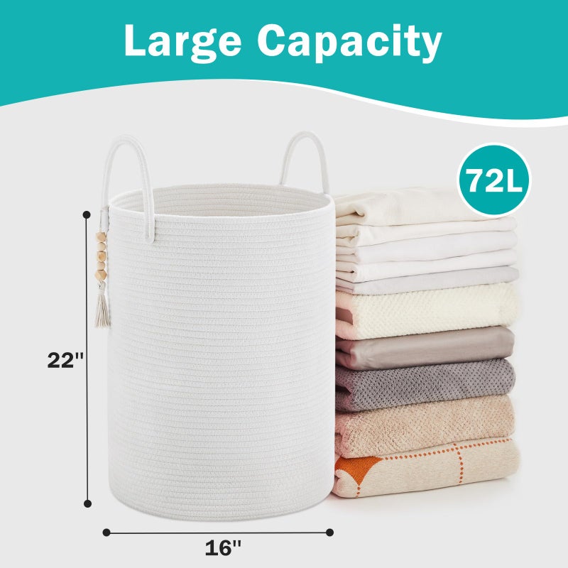 youdenova cotton rope rope kyundry سلة 72L سلال قابلة للطي المنسوجة الطول للبطانية لتنظيم الملابس العائق لتخزين غرفة الغسيل - Image 5