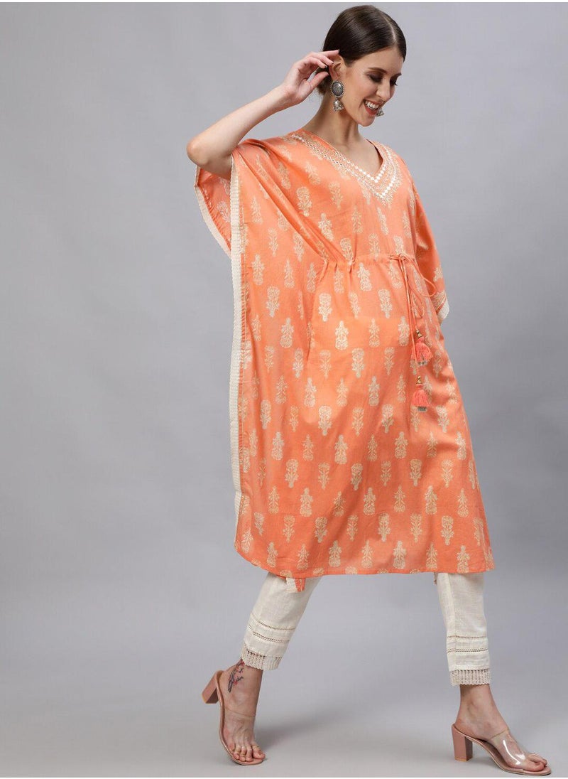 ISHIN - Women's Orange 100% Cotton Embroidered Tunic Full Length Casual Regular Fit Kurta Set - Image 1