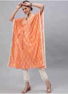 Women's Orange 100% Cotton Embroidered Tunic Full Length Casual Regular Fit Kurta Set