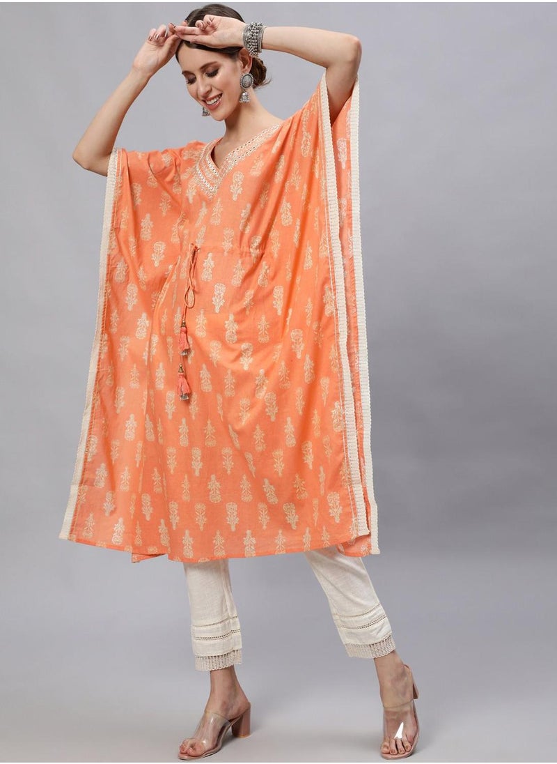 ISHIN - Women's Orange 100% Cotton Embroidered Tunic Full Length Casual Regular Fit Kurta Set - Image 1