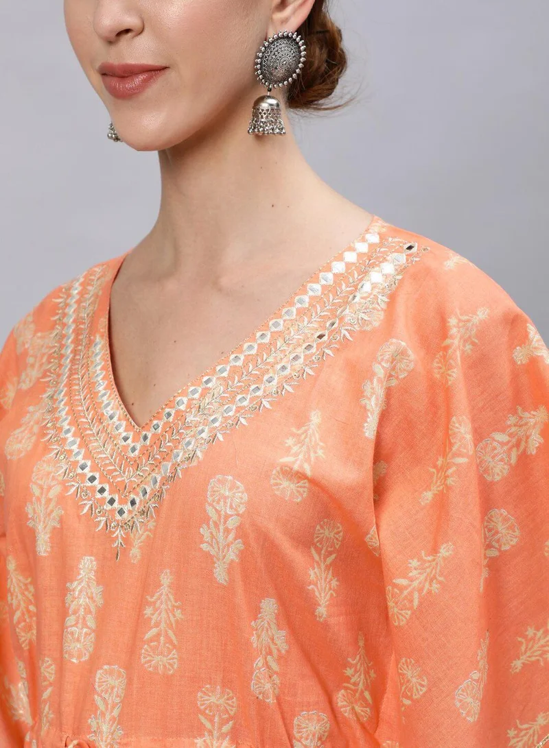 ISHIN Women's Orange 100% Cotton Embroidered Tunic Full Length Casual Regular Fit Kurta Set