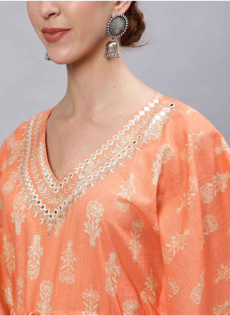 ISHIN - Women's Orange 100% Cotton Embroidered Tunic Full Length Casual Regular Fit Kurta Set - Image 1