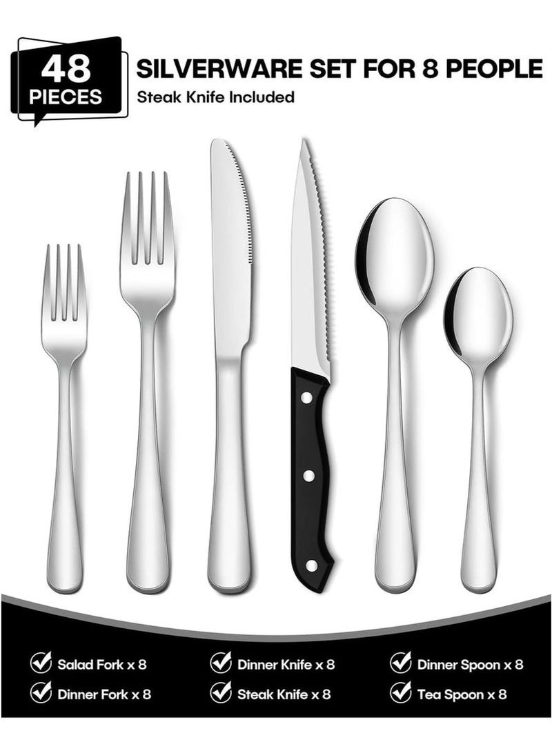 48 قطعة طقم أدوات مائدة من الفولاذ المقاوم للصدأ، أدوات مطبخ منزلية، 8 شوكات عشاء، 8 شوكات سلطة، 8 سكاكين عشاء، 8 سكاكين ستيك، 8 ملاعق عشاء، 8 ملاعق شاي، 8 ملاعق شاي - Image 2