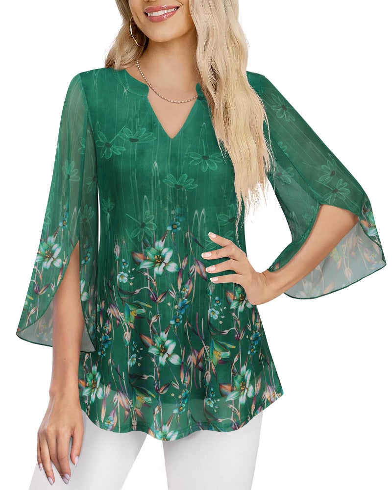 VALOLIA 3/4 Sleeve Tunic Tops, Dressy Casual Plus Size Summer Blouse for Curvy Women, Business Casual Outfits, Spring Dress Shirts, Green XL - Image 2