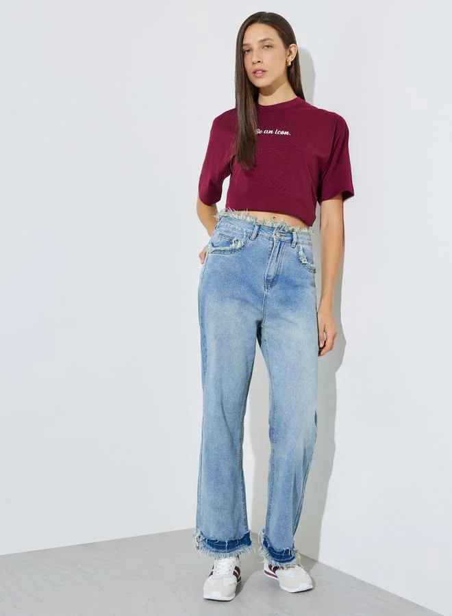 ستايلي Blue Raw Edge Hem Straight Leg Jeans