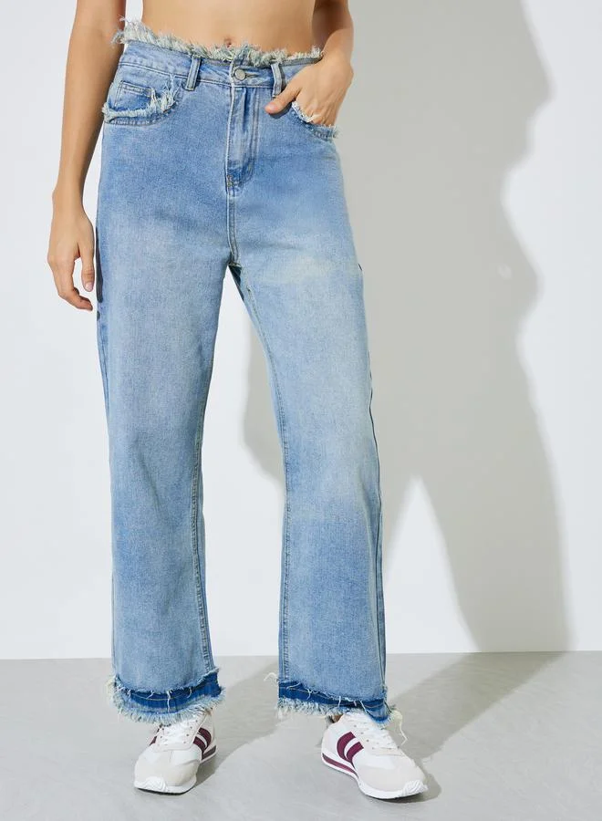 ستايلي Blue Raw Edge Hem Straight Leg Jeans