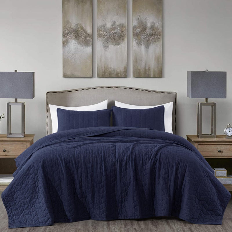 Chezmoi Collection Madrid 3Piece Vintage Washed Solid Cotton Quilt and Shams Set King Navy