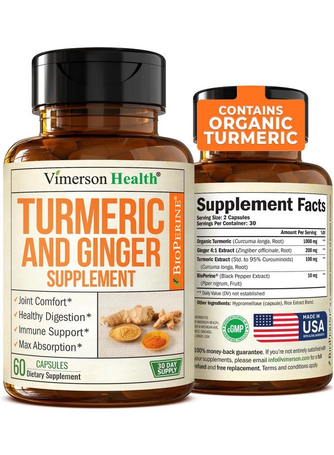 Vimerson Health Turmeric Supplement with Ginger Root for Joint & Digestion Support - Turmeric Curcumin Supplement 95% Curcuminoids. Contains Organic Tumeric with Black Pepper (Bioperine) for Max Absorption. 60 Caps - Image 1