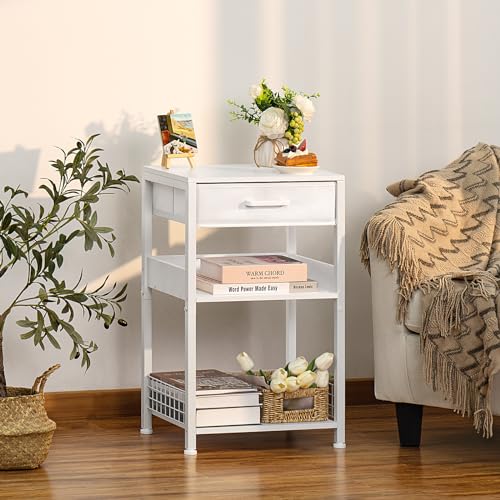 Lerliuo White Printer Stand with Fabric Drawer, 3 Tier Industrial Side Table, Modern Small Printer Desk Holder with Storage Shelf,Multi-Functional Bedside Tables for Home Office Fax Machine Scanner - Image 2