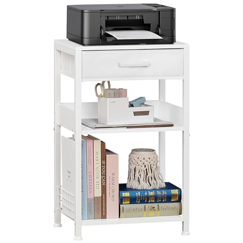 Lerliuo White Printer Stand with Fabric Drawer, 3 Tier Industrial Side Table, Modern Small Printer Desk Holder with Storage Shelf,Multi-Functional Bedside Tables for Home Office Fax Machine Scanner - Image 1