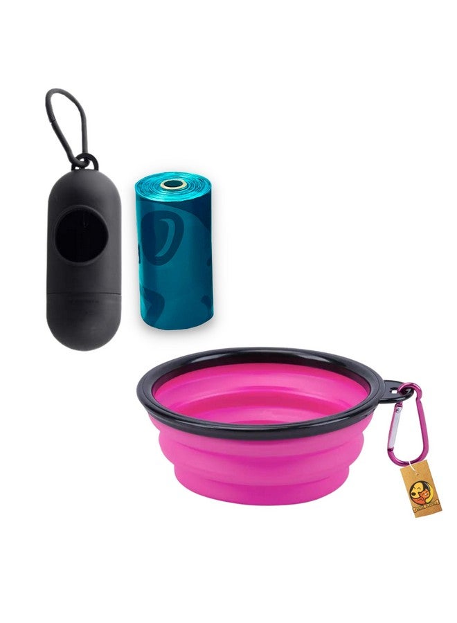 مجموعة سفر 3 في 1 للحيوانات الأليفة للكلاب الصغيرة والمتوسطة الحجم | كيس فضلات + موزع واحد ووعاء قابل للطي (350 مل) (قد يختلف اللون) - Image 1
