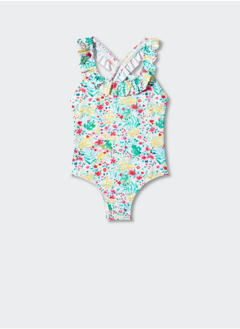 MANGO Kids Ruffled Floral Print Swimsuit