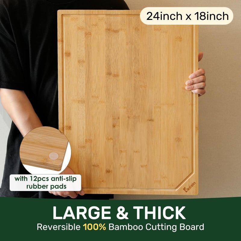Kikcoin 24â€Ã—18â€ Bamboo Cutting Boards for Kitchen, Wooden Healthy Cutting Boards for Charcuterie, Vegetables, Cheese, Bread, Extra Large Chopping Boards with Deep Juice Groove and Handle, Natural - Image 2