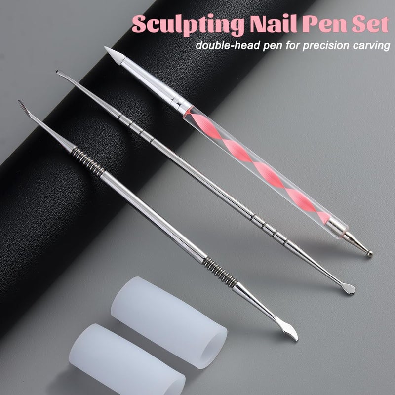 Fcozpjk Nail Art Sculpture Pen, 3PCS Double-head Stainless Steel 3D Gel Art Sculpting Pens Dotting Tools Acrylic Powder Flower Design Carving Modeling for Builder Gel Chrome Powder Applicator Manicure - Image 2