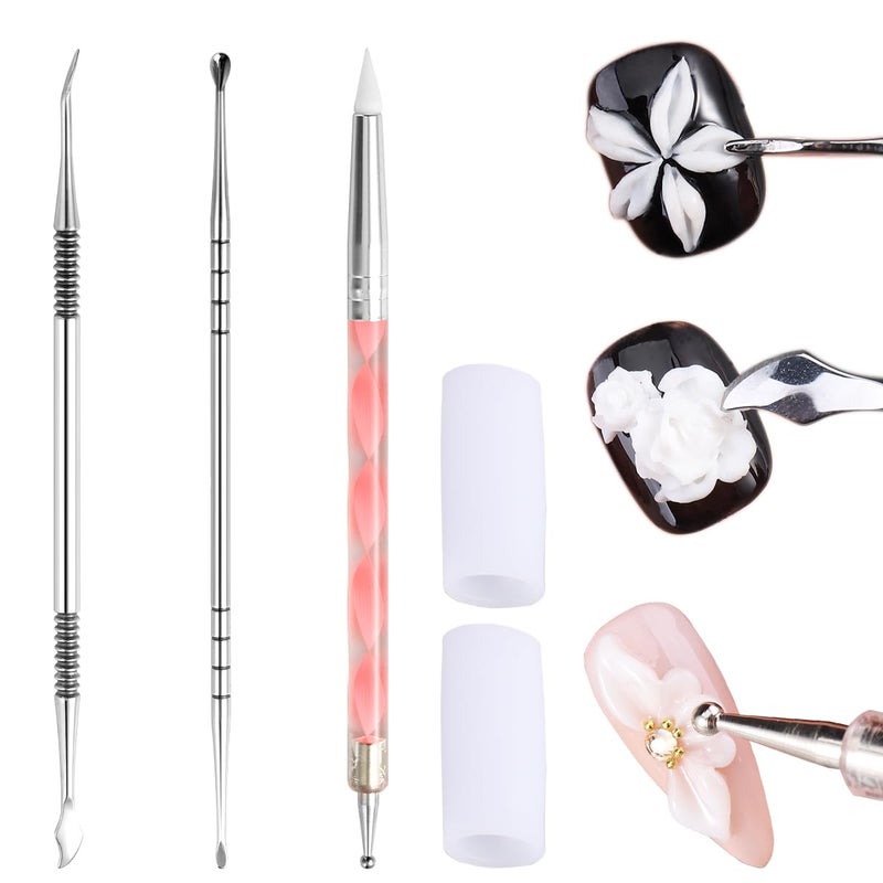 Fcozpjk Nail Art Sculpture Pen, 3PCS Double-head Stainless Steel 3D Gel Art Sculpting Pens Dotting Tools Acrylic Powder Flower Design Carving Modeling for Builder Gel Chrome Powder Applicator Manicure - Image 1