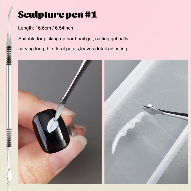 Fcozpjk Nail Art Sculpture Pen, 3PCS Double-head Stainless Steel 3D Gel Art Sculpting Pens Dotting Tools Acrylic Powder Flower Design Carving Modeling for Builder Gel Chrome Powder Applicator Manicure - Image 4