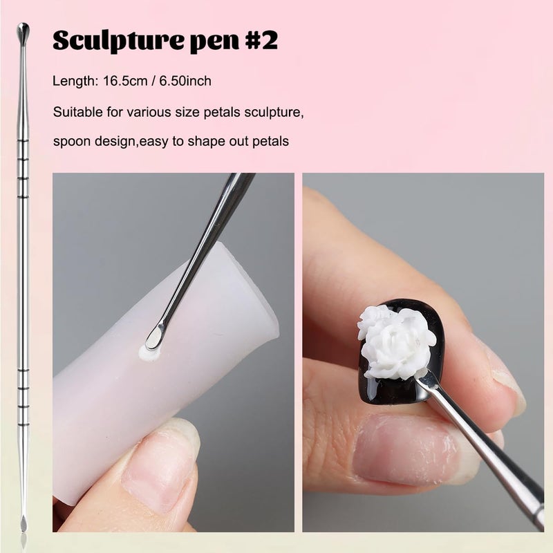 Fcozpjk Nail Art Sculpture Pen, 3PCS Double-head Stainless Steel 3D Gel Art Sculpting Pens Dotting Tools Acrylic Powder Flower Design Carving Modeling for Builder Gel Chrome Powder Applicator Manicure - Image 5