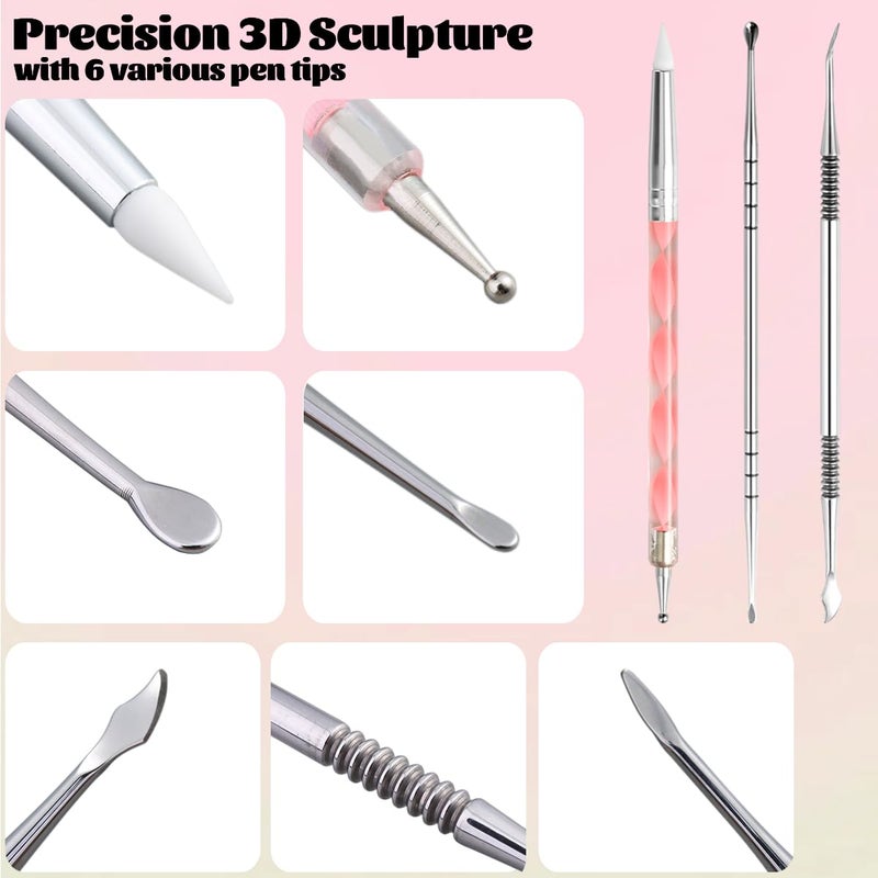 Fcozpjk Nail Art Sculpture Pen, 3PCS Double-head Stainless Steel 3D Gel Art Sculpting Pens Dotting Tools Acrylic Powder Flower Design Carving Modeling for Builder Gel Chrome Powder Applicator Manicure - Image 3