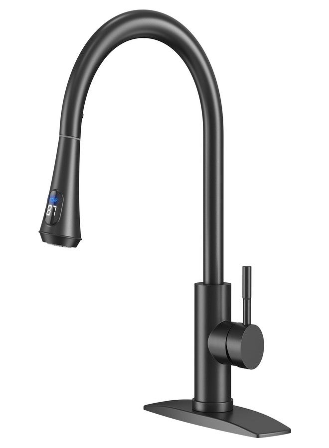FORIOUS Black LED Kitchen Faucet with Pull Down Sprayer, High Arc Single Handle Modern Stainless Steel Sink Faucet with Temperature Digital Display, Suitable for Farmhouse Camper Rv Bar - Image 1