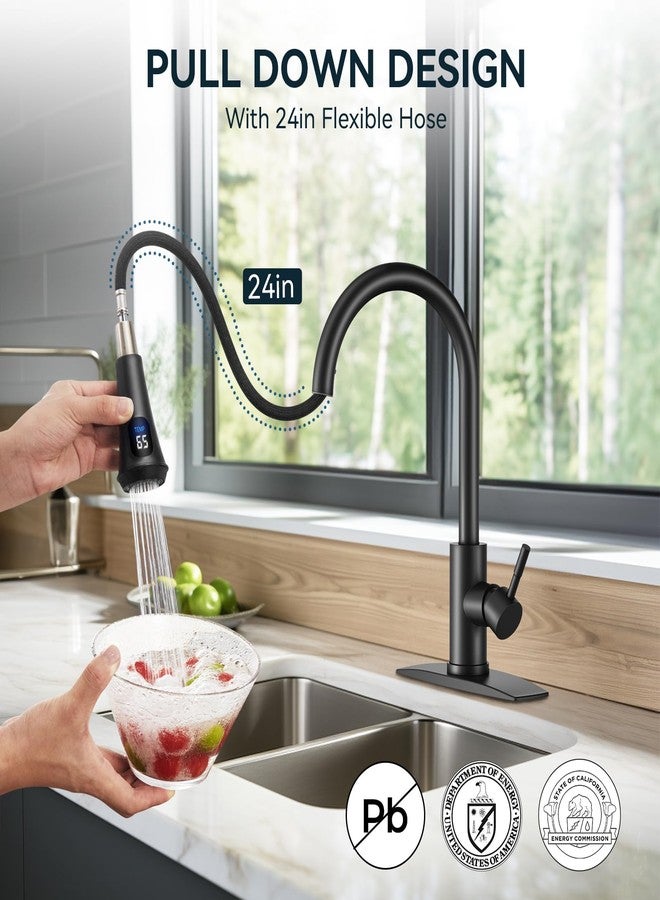 FORIOUS Black LED Kitchen Faucet with Pull Down Sprayer, High Arc Single Handle Modern Stainless Steel Sink Faucet with Temperature Digital Display, Suitable for Farmhouse Camper Rv Bar - Image 4