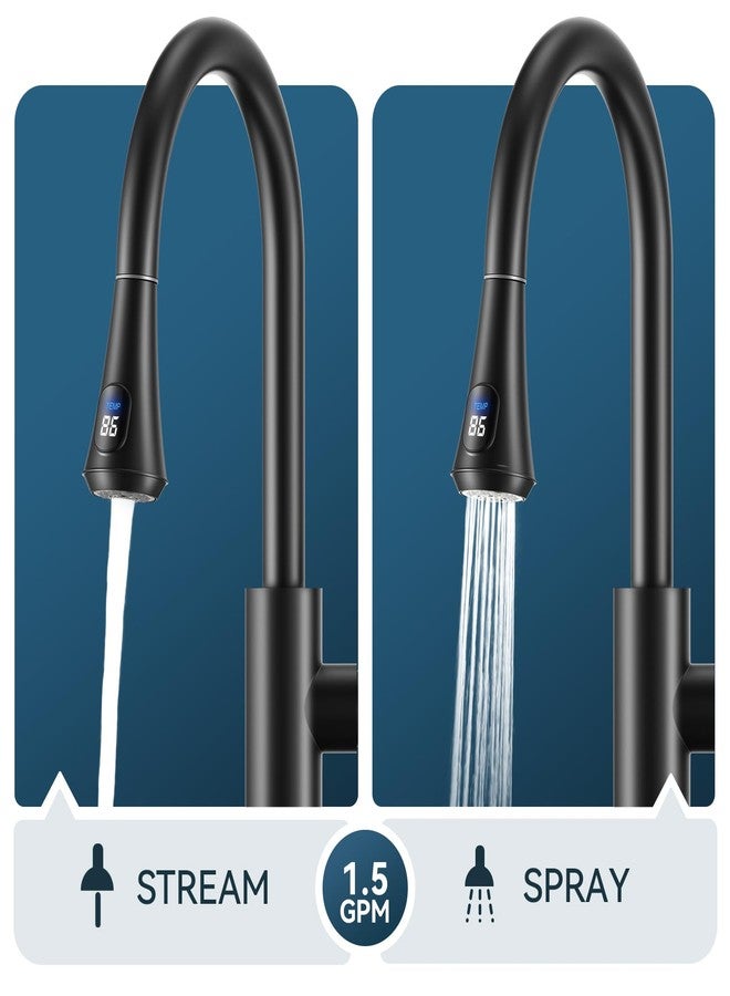FORIOUS Black LED Kitchen Faucet with Pull Down Sprayer, High Arc Single Handle Modern Stainless Steel Sink Faucet with Temperature Digital Display, Suitable for Farmhouse Camper Rv Bar - Image 3