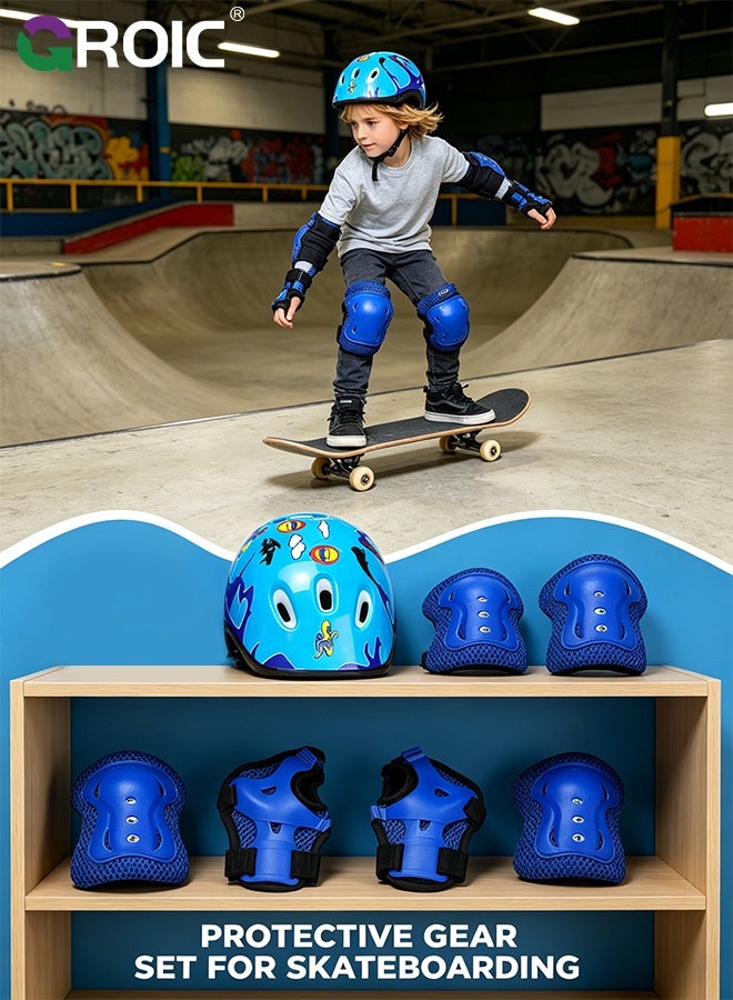 GROIC 7Pcs Kids Bike Helmet Set,Skateboard Knee Pads, Helmet Pad Set Protective Gear Set,Kids Helmet Set with Knee Elbow Wrist Pads for Skateboard Cycling Scooter Rollerblading(Blue-Circle) - Image 4