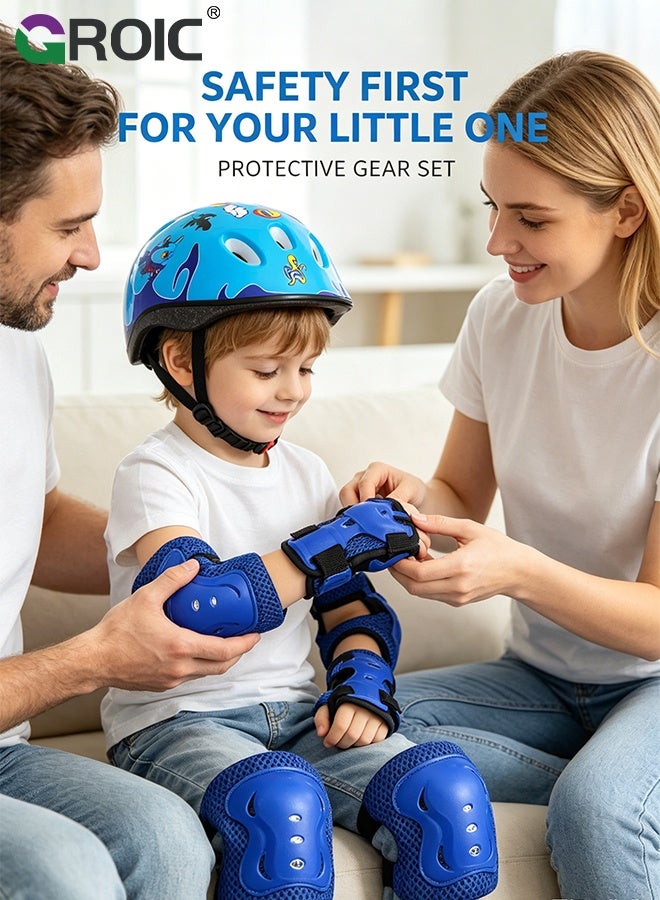 GROIC 7Pcs Kids Bike Helmet Set,Skateboard Knee Pads, Helmet Pad Set Protective Gear Set,Kids Helmet Set with Knee Elbow Wrist Pads for Skateboard Cycling Scooter Rollerblading(Blue-Circle) - Image 5
